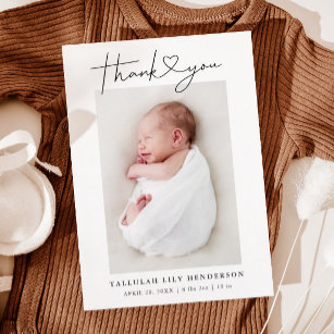 Baby Photo White Minimalist Thank You Heart Birth Announcement