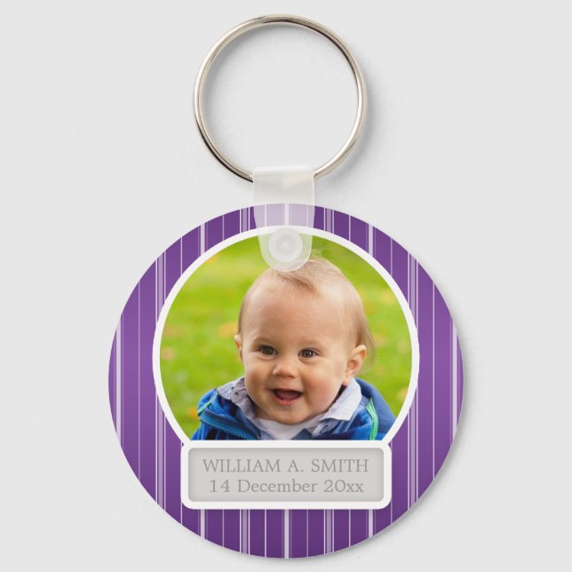 Baby Photo With Name Elegant Stripes Purple Keychain (Front)