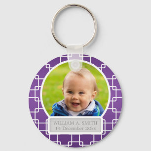 Baby Photo With Name Elegant Trellis Purple Keychain