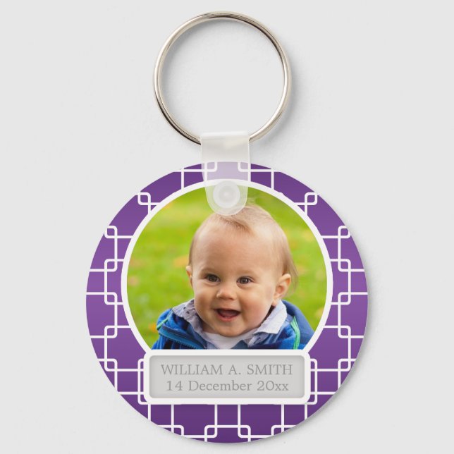 Baby Photo With Name Elegant Trellis Purple Keychain (Front)