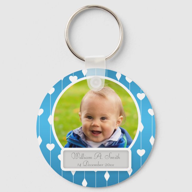 Baby Photo With Name Hearts & Diamonds Blue Keychain (Front)