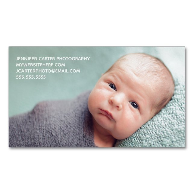 Baby Photographer Custom Newborn Photo Chic Modern Magnetic Business Card (Front)