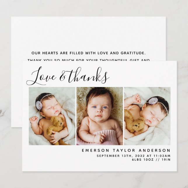 Baby Photos Love & Thanks Modern Minimalist Thank You Card (Front/Back)