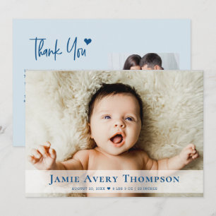 Baby Photos Thank you Heart Modern Blue Birth Announcement