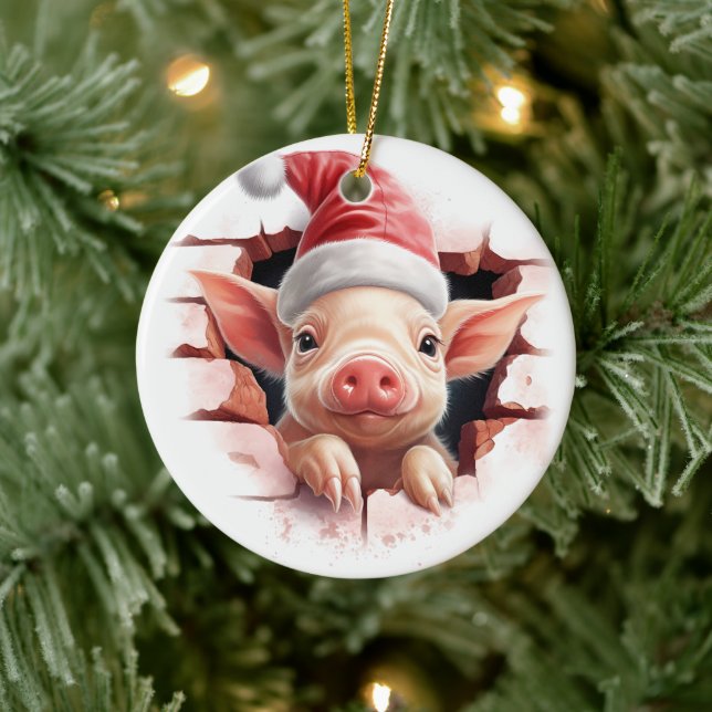 Baby Pig in Santa Hat - 3D Ceramic Ornament (Tree)