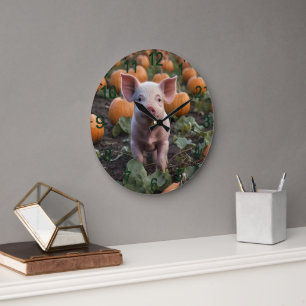 Baby Pig In The Pumpkin Patch,  Large Clock