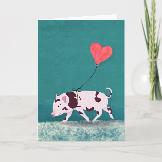Baby Pig With Heart Balloon Card (Front)
