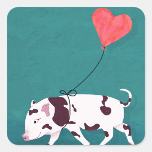 Baby Pig With Heart Balloon Square Sticker