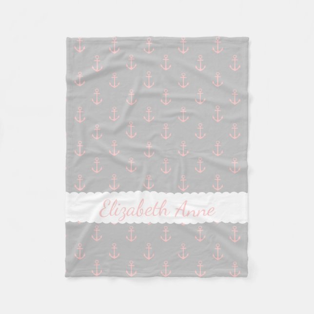 Baby Pink Anchors on Ash Grey Personalized Fleece Blanket (Front)
