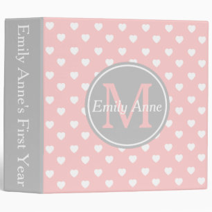 Baby Pink and Ash Grey Hearts Monogram Scrapbook Binder