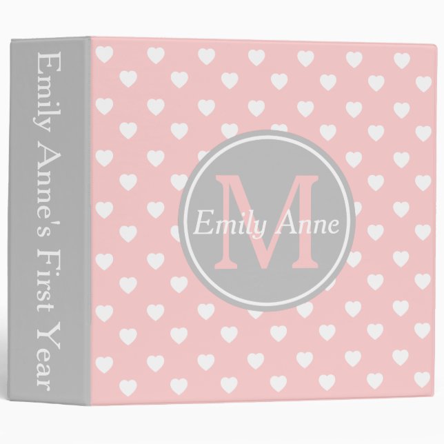 Baby Pink and Ash Grey Hearts Monogram Scrapbook Binder (Front/Spine)