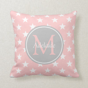 Baby Pink and Ash Grey Stars Monogram Throw Pillow