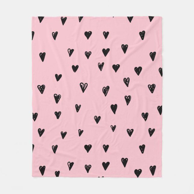 Baby Pink and Black Doodles Cute Heart Pattern Fleece Blanket (Front)