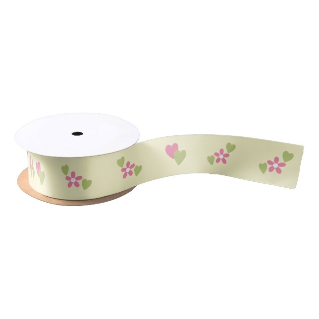 Baby pink and green floral hearts satin ribbon (Spool)