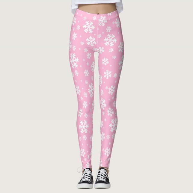 Baby Pink and white Christmas Snowflake Pattern Leggings (Front)