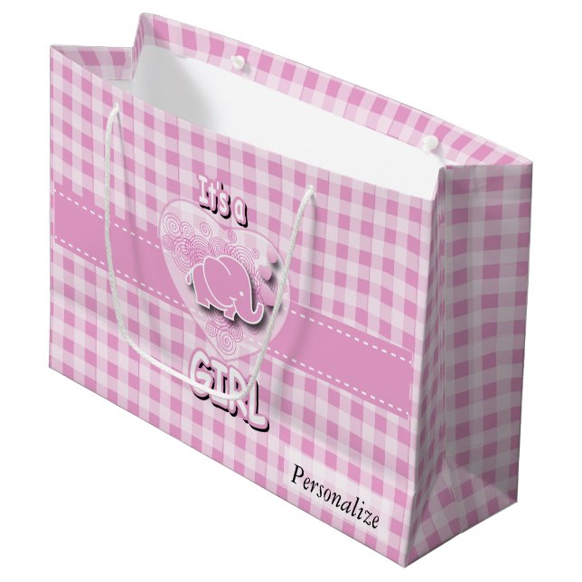 Baby Pink and White Plaid Baby Elephant Large Gift Bag (Front Angled)