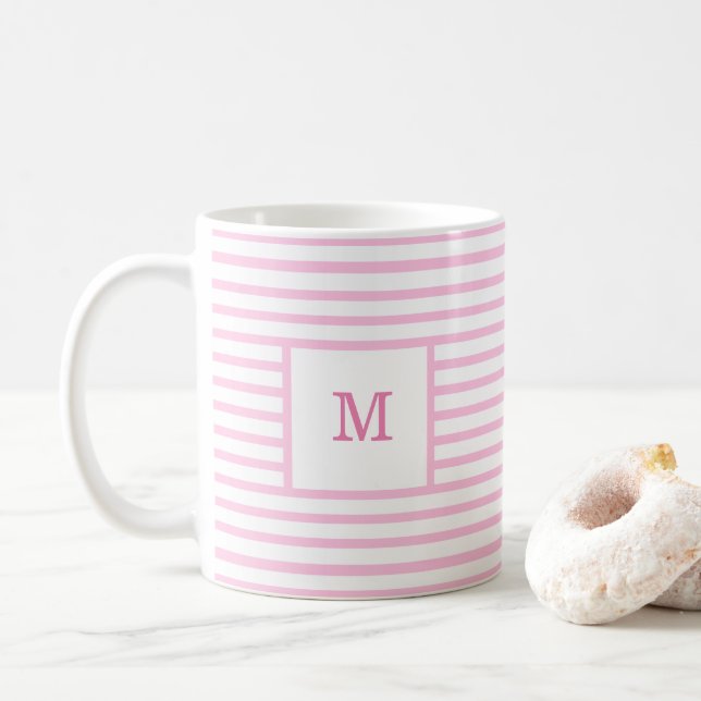 Baby Pink and White Stripes Custom Monogram Coffee Mug (With Donut)