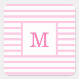 Baby Pink and White Stripes Custom Monogram Square Sticker