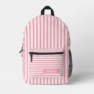 Baby Pink and White Vintage Striped Name Printed Backpack