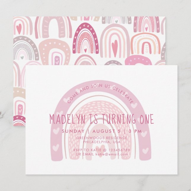 Baby Pink Boho Rainbow First Birthday Invitation (Front/Back)