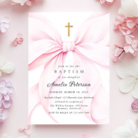 Baby Pink Bow Girl Baptism Invitation