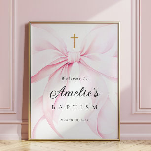 Baby Pink Bow Girl Baptism Welcome Poster