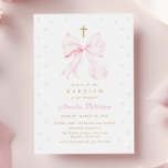 Baby Pink Bow & Pearls Girl Baptism Invitation<br><div class="desc">Coquette baptism invitation that features an elegant pink bow and a gold cross and white pearls</div>