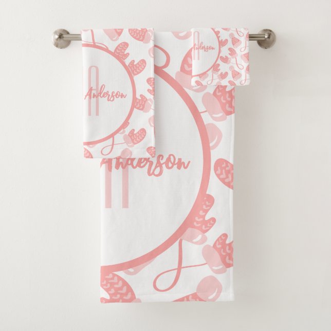 BABY PINK CHRISTMAS WINTER MITTENS & HATS MONOGRAM BATH TOWEL SET (Insitu)