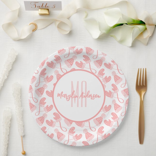 BABY PINK CHRISTMAS WINTER MITTENS & HATS MONOGRAM PAPER PLATE (Wedding)
