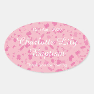 Baby Pink Confetti Baptism Christening Favour Oval Sticker