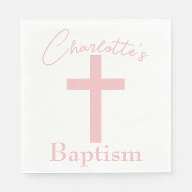 Baby Pink Cross with Custom Name Baptism Napkin (Front)