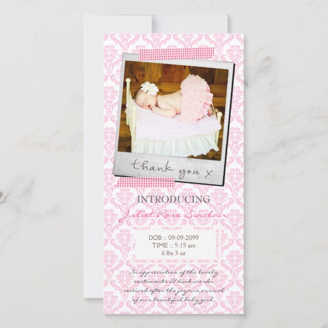 Baby Pink Damask Gingham Thank You Card (Front)