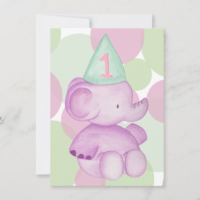 Baby Pink Elephant 1er Invitation de fête d'annive (Devant)