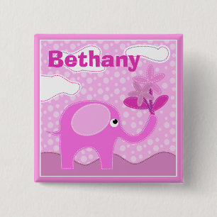Baby Pink Elephant and Flowers Personalised 2 Inch Square Button