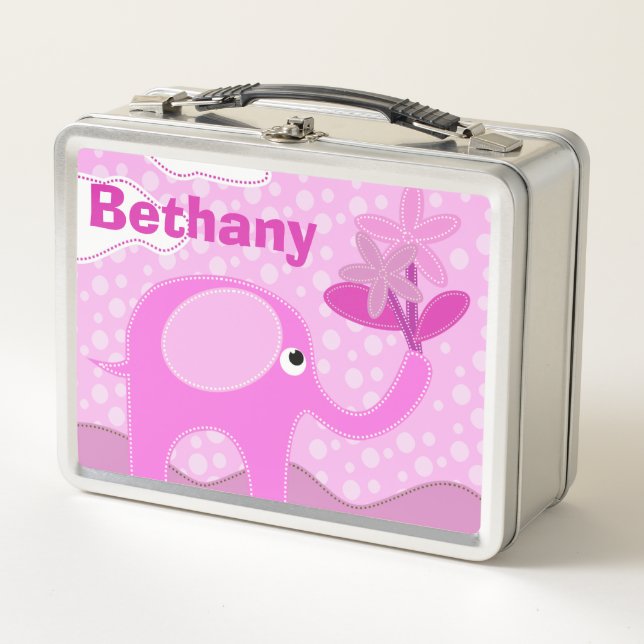 Baby Pink Elephant and Flowers Personalised Metal Lunch Box (Front)