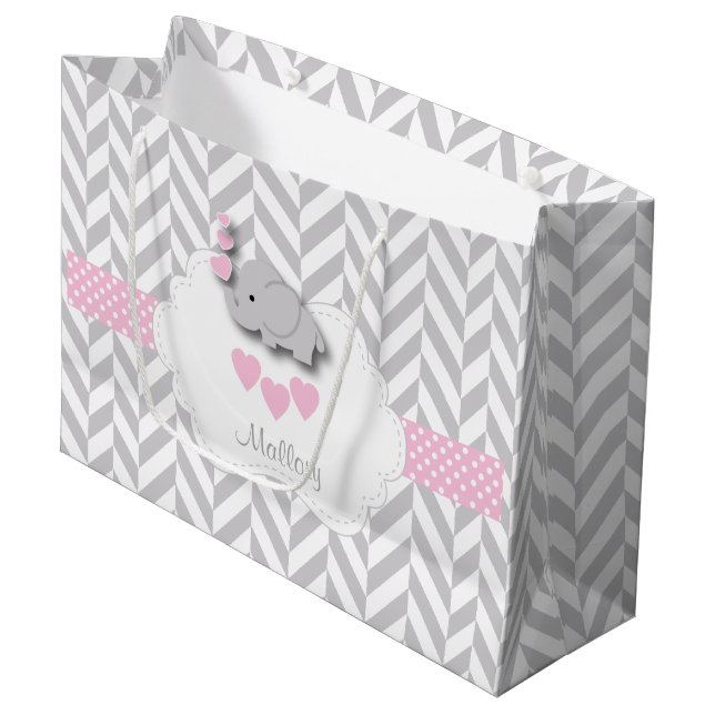 Baby Pink Elephant 🐘 Design - Baby Girl Shower Large Gift Bag (Front Angled)