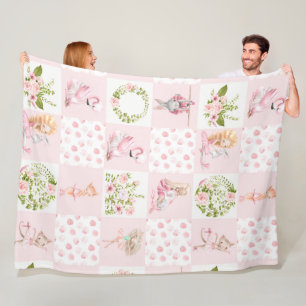 Baby Pink Floral Animals Quilt Nursery Pattern Fleece Blanket
