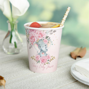 Baby Pink Floral Cute Elephant Baby Shower Paper Cups
