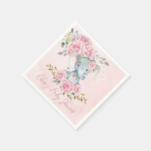 Baby Pink Floral Cute Elephant Girl Baby Shower Napkin