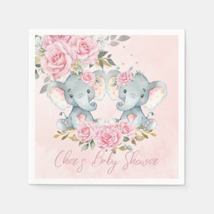 Baby Pink Floral Cute Elephants Twins Baby Shower Napkin