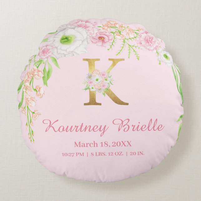 Baby Pink Floral Monogram Baby Stats Round Pillow (Front)