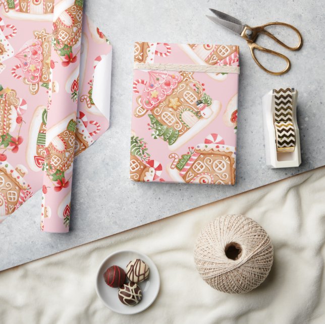 Baby Pink Gingerbread House Pattern Holiday Wrapping Paper (Crafts)