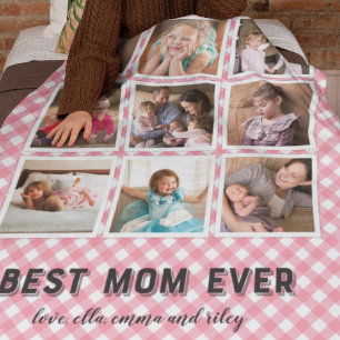 Baby Pink Gingham Best Mom Ever Photo Collage Fleece Blanket