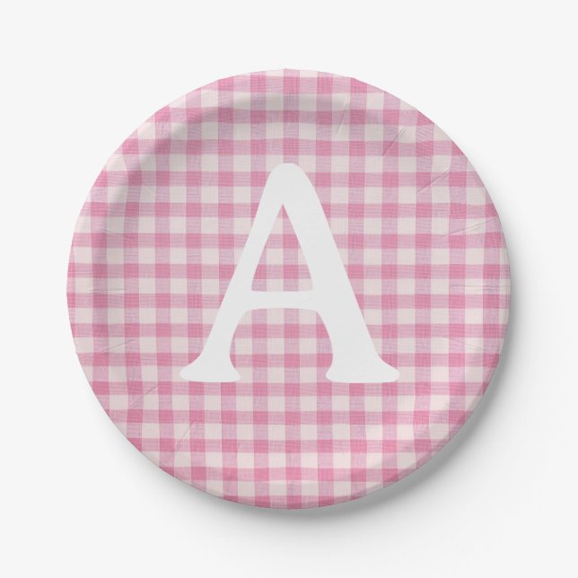 Baby Pink Gingham Custom Initial Paper Plate (Front)