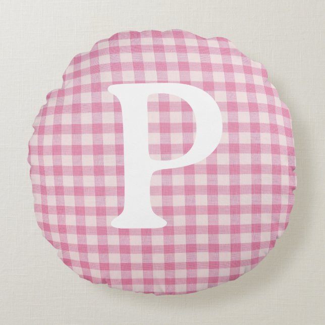 Baby Pink Gingham Initial Custom Round Pillow (Front)