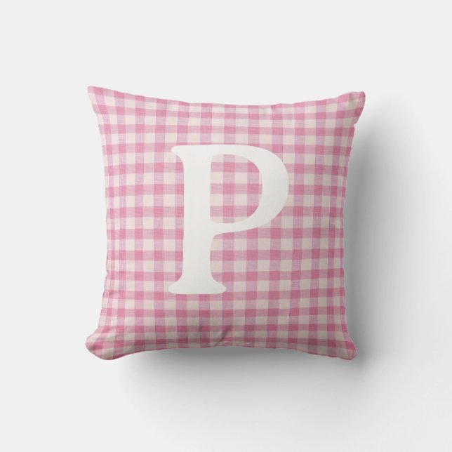 Baby Pink Gingham Initial Custom Throw Pillow (Front)