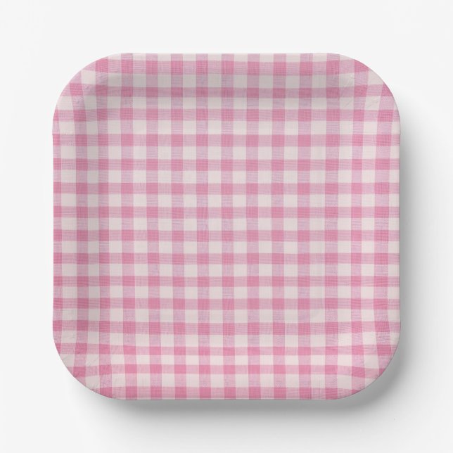 Baby Pink Gingham Pattern Paper Plate (Front)