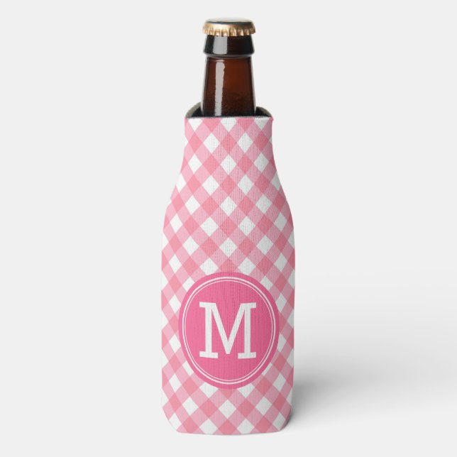 Baby Pink Gingham Personalize Monogram Bottle Cooler (Bottle Front)