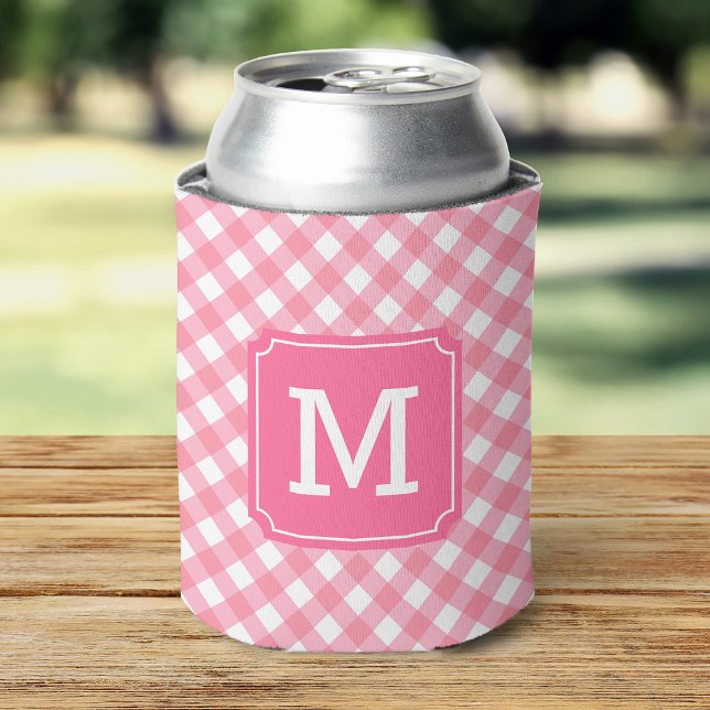 Baby Pink Gingham Personalize Monogram Can Cooler (Creator Uploaded)