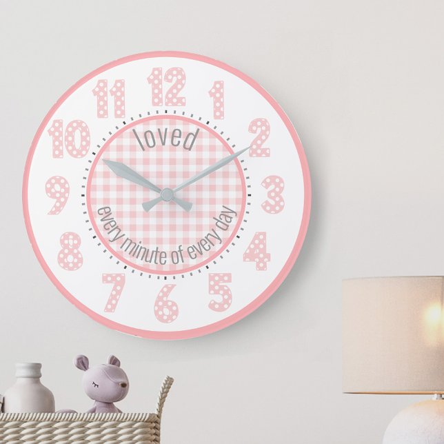 Baby Pink Gingham Polka Dot Numbers Nursery Clock (Baby nursery clock with pink gingham, polka dots and cute wording, "loved every minute of every day")